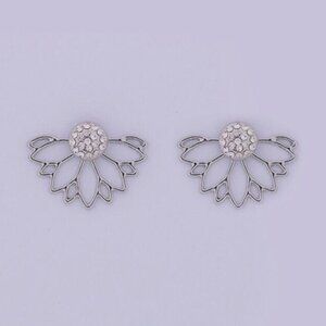 Silver Lotus Flower Ear Jackets with Zirconia Round Pave Cut Accents